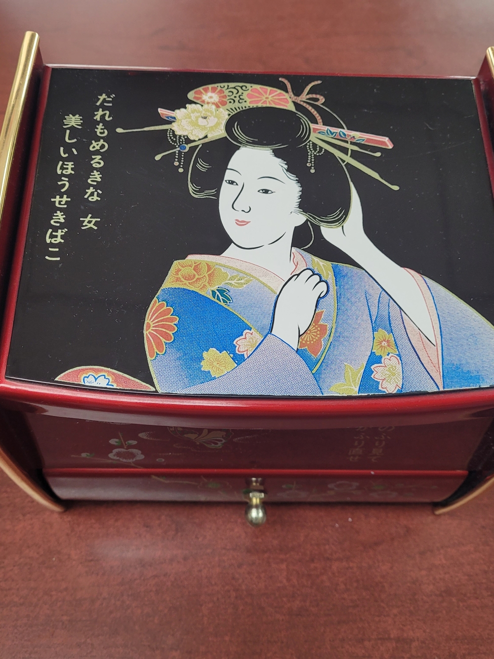Vintage Japanese Geisha Jewelry Box with Floral Kimono Design - Red & Black